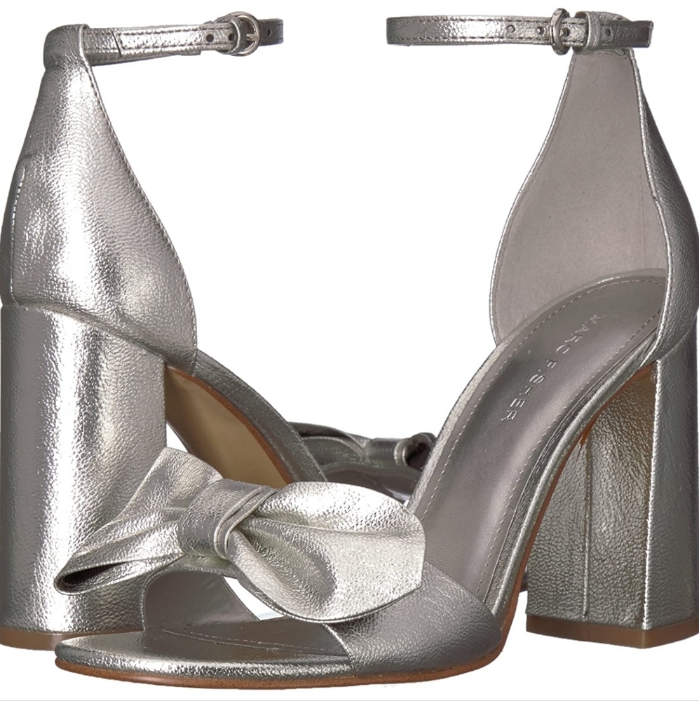 Marc Fisher Silver Block Heel Sandals size 8.5 in box